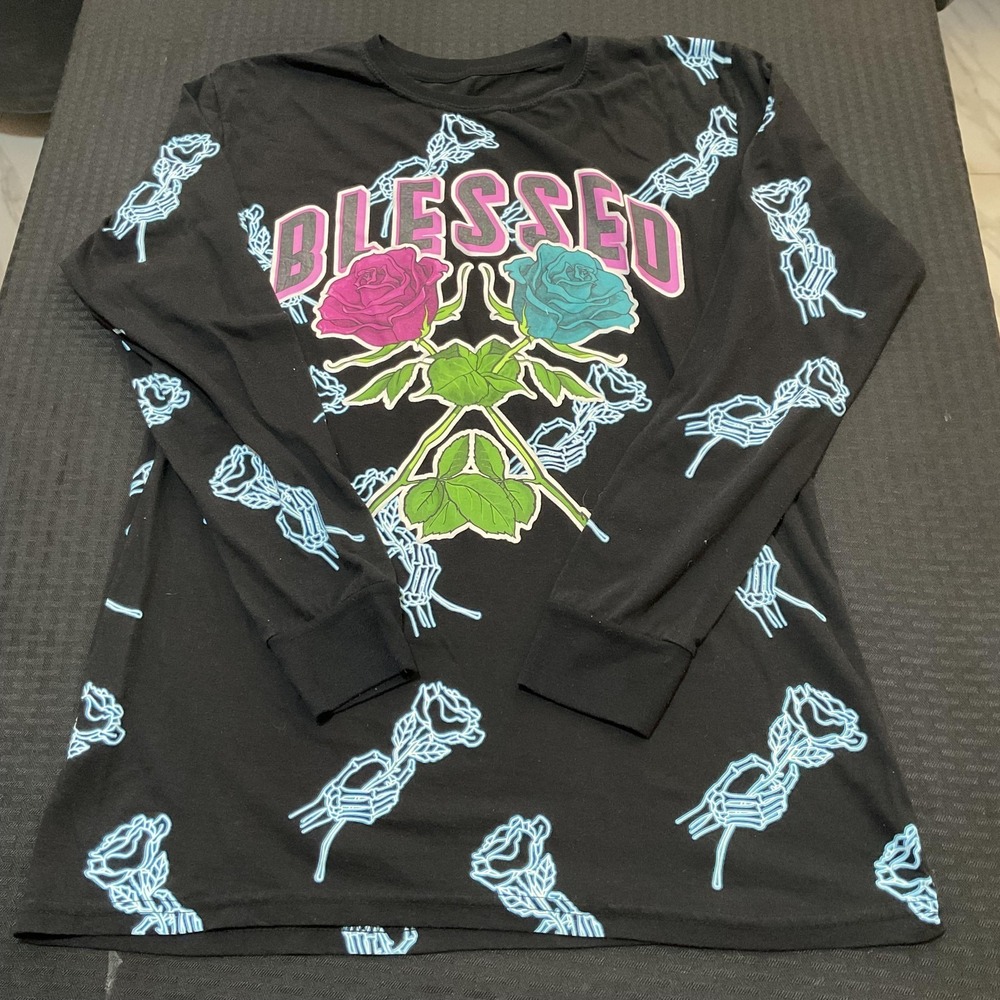 Hustle Shirt Mens Medium Black Blessed Rose Skeleton Graphic Long Sleeve Tee